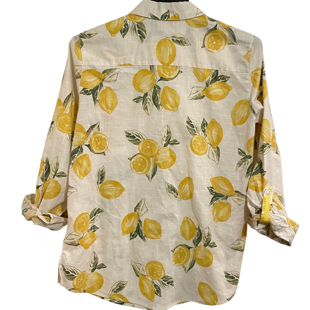 Foxcroft Lemon Print Button Down Shirt Womens 8 White Yellow Excellent Linen - Picture 6 of 6
